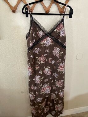 Floral Brown Lace-Trim Maxi Slip Dress